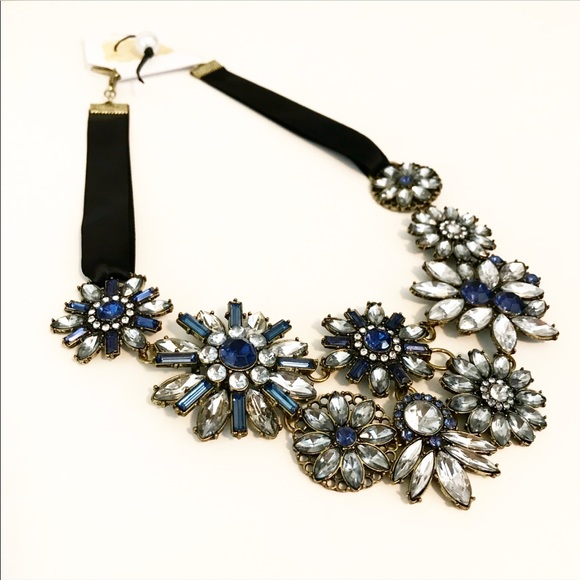 Blue Floral Ribbon Statement Necklace Crystal Bib - Picture 2 of 2